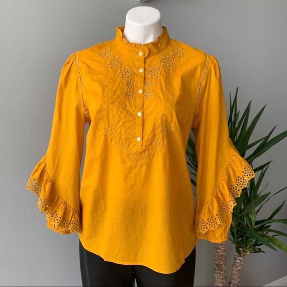 J. Crew Ruffle-Sleeve Embroidered Eyelet Top in Mustard Size Medium - Picture 4 of 10